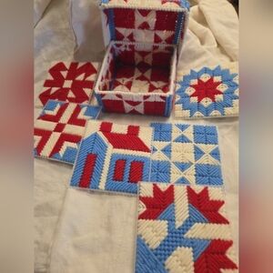Needlepoint Coaster Set 6 W Box Plastic Red White Blue Folk Art Americana